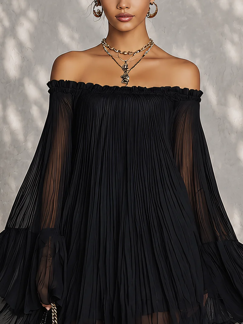 Océane | Black Off-Shoulder Mini Dress with Ruffled Bell Sleeves