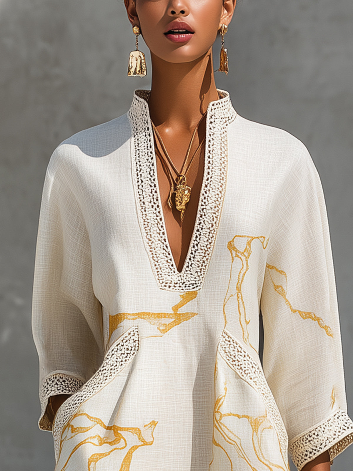 Aliénor | Ivory Mini Dress with Crochet Lace and Gold Accents, V-Neck Design