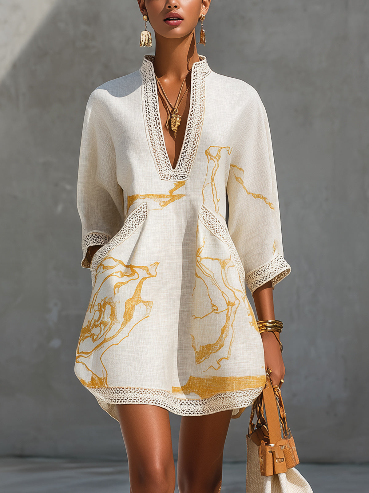 Aliénor | Ivory Mini Dress with Crochet Lace and Gold Accents, V-Neck Design