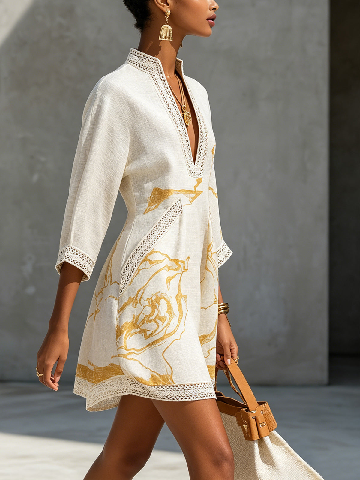Aliénor | Ivory Mini Dress with Crochet Lace and Gold Accents, V-Neck Design