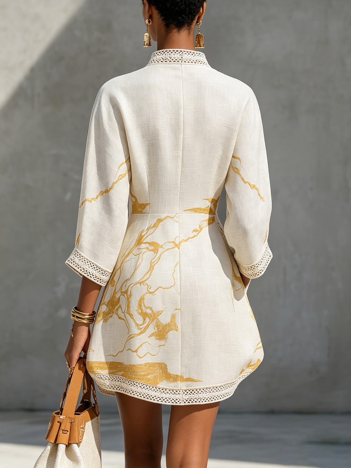 Aliénor | Ivory Mini Dress with Crochet Lace and Gold Accents, V-Neck Design