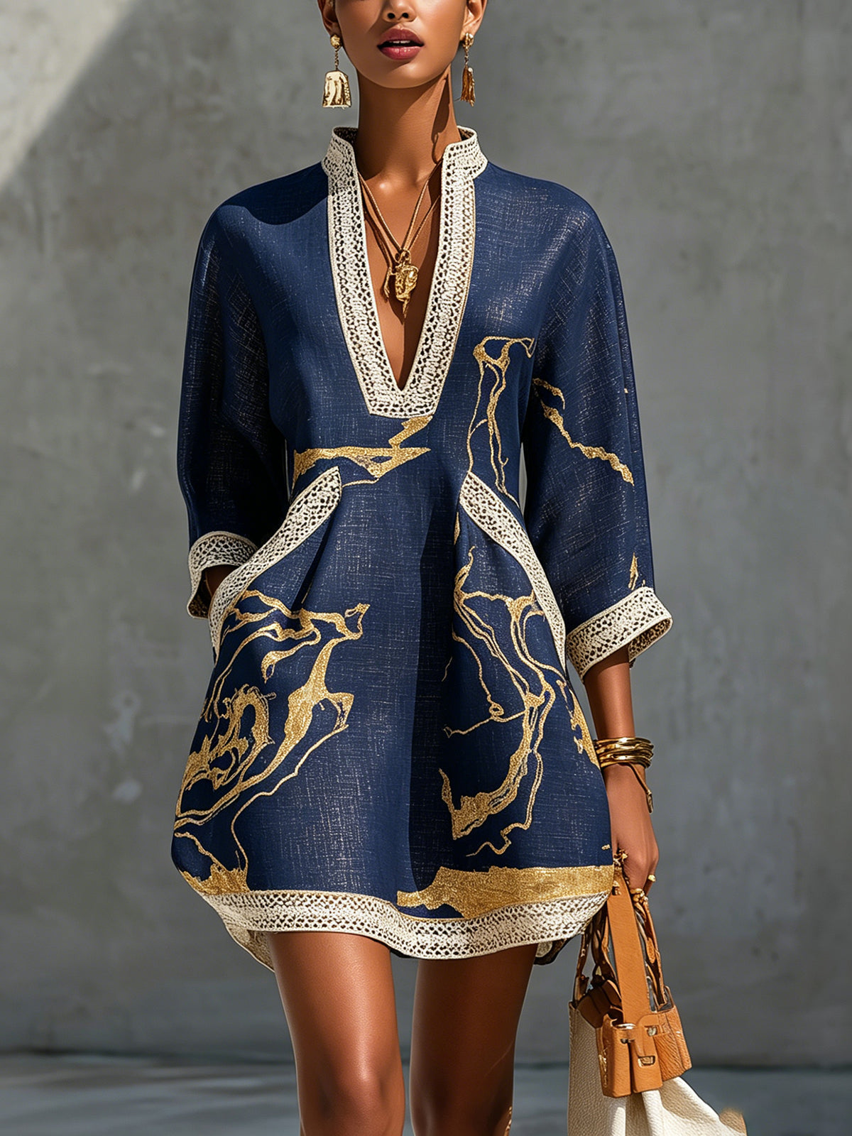 Cosette | Navy Crochet Lace Mini Dress with Golden Accents and V-Neck