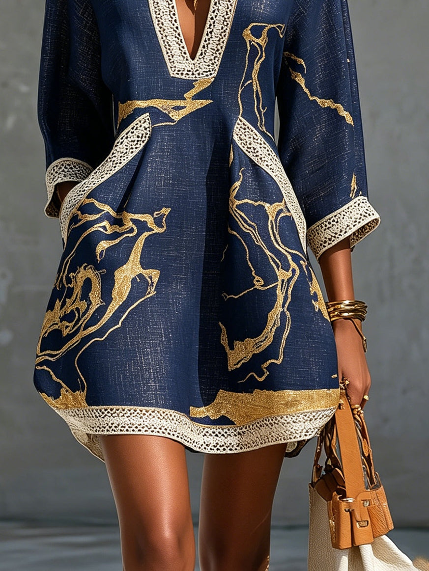 Cosette | Navy Crochet Lace Mini Dress with Golden Accents and V-Neck