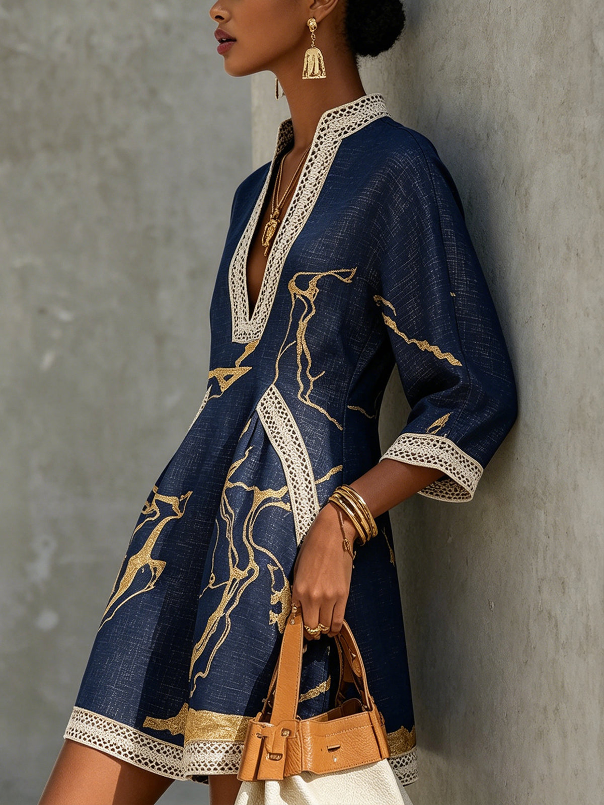 Cosette | Navy Crochet Lace Mini Dress with Golden Accents and V-Neck