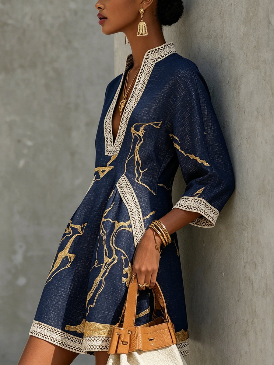 Cosette | Navy Crochet Lace Mini Dress with Golden Accents and V-Neck