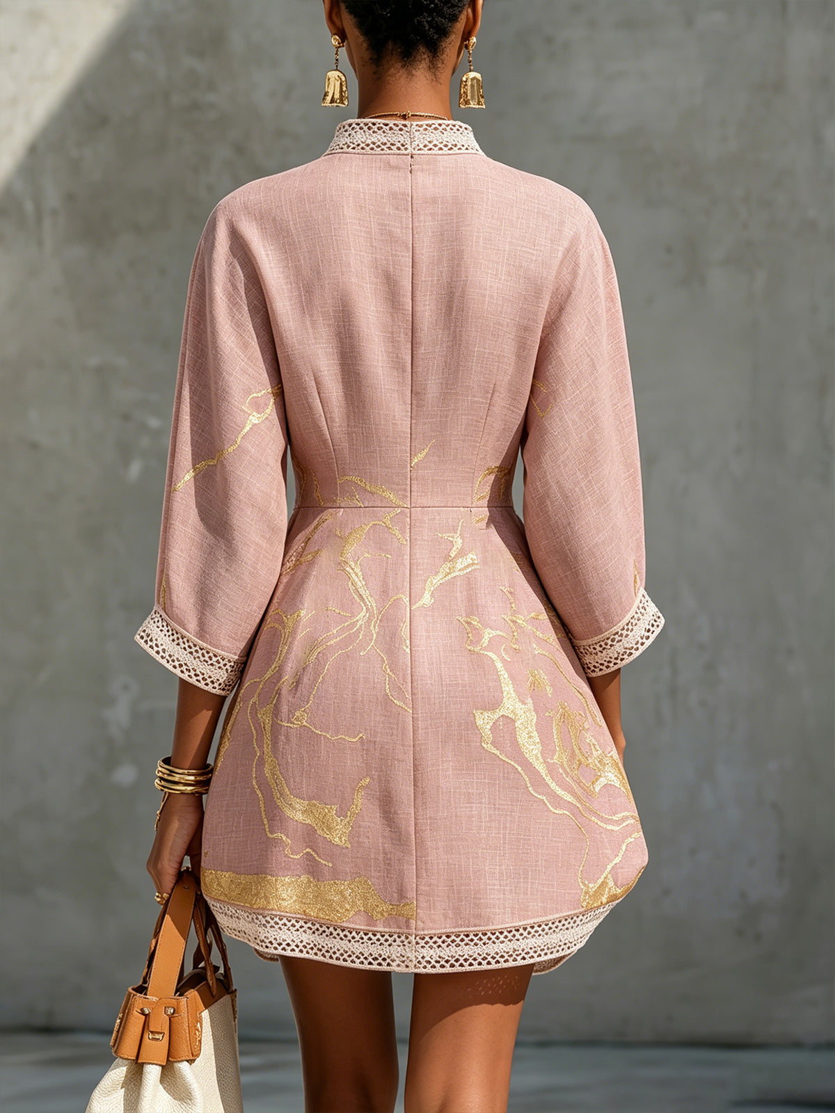Ninon | V-Neck Pink Mini Dress in Crochet Lace with Golden Accents