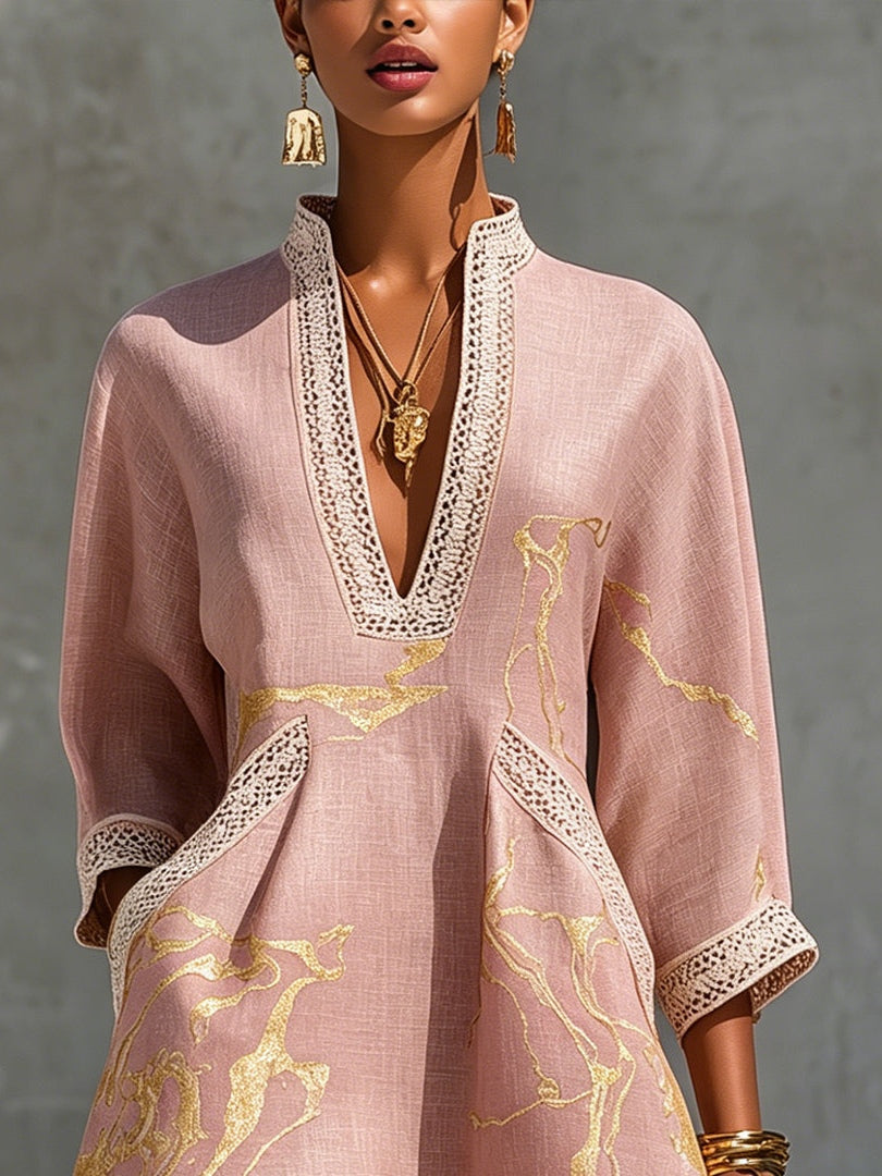 Ninon | V-Neck Pink Mini Dress in Crochet Lace with Golden Accents