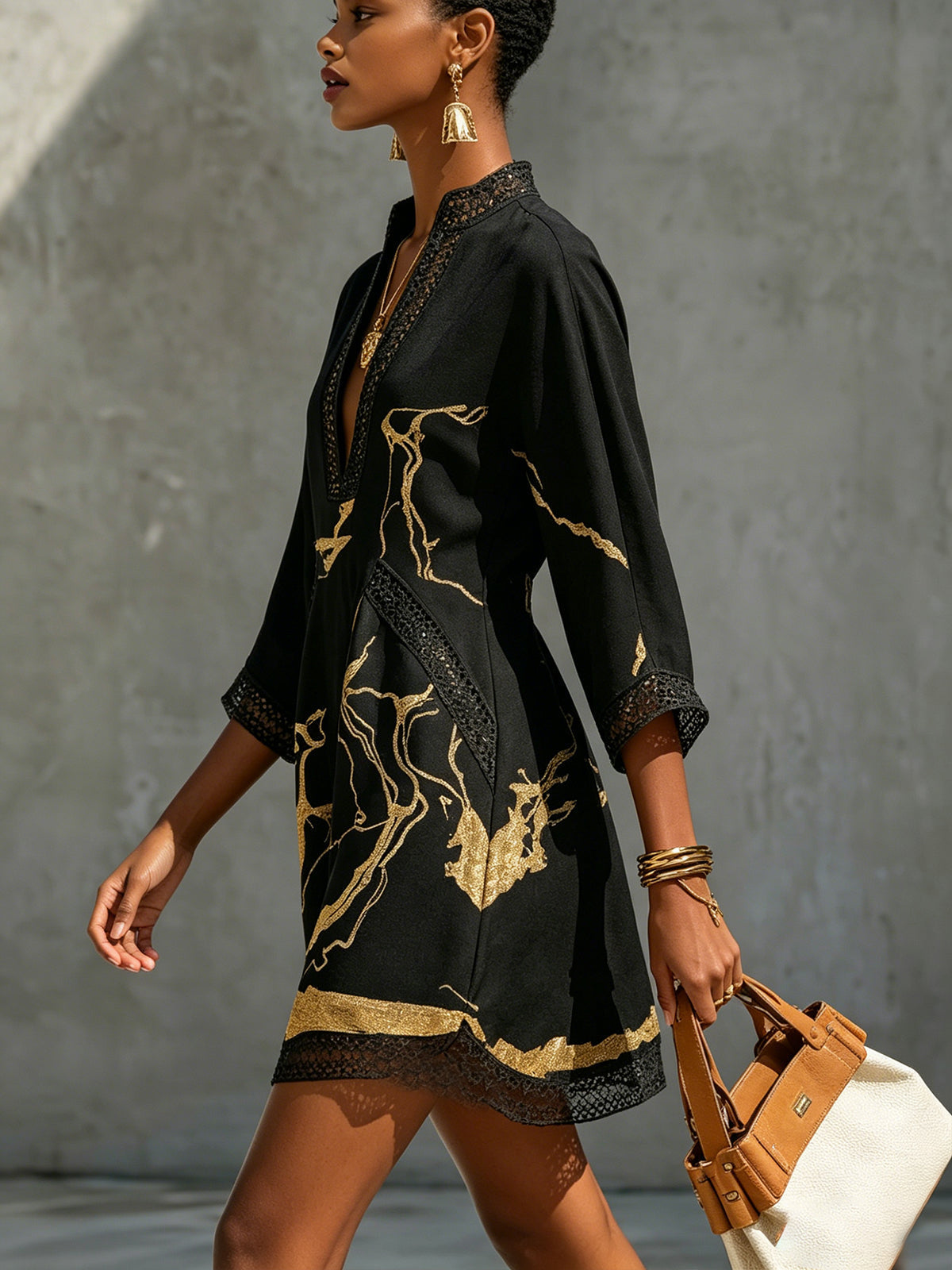 Léonie | Black Mini Dress with Crochet Lace and Golden Accents, V-Neck Design