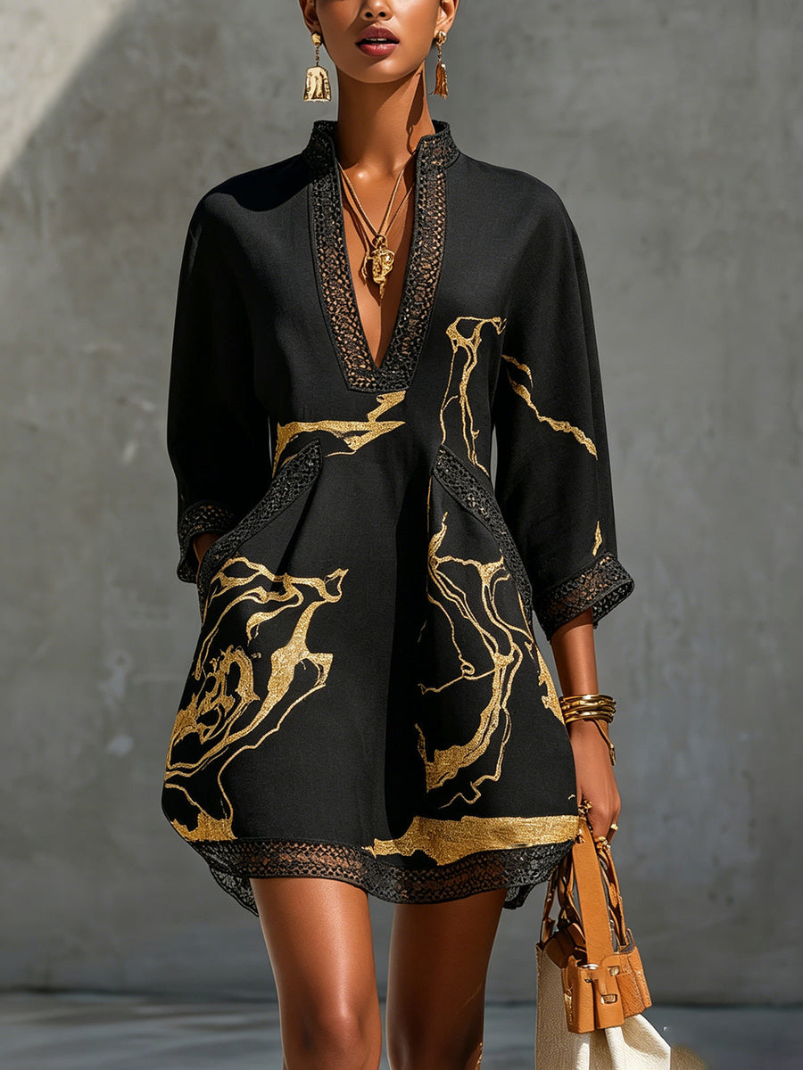Léonie | Black Mini Dress with Crochet Lace and Golden Accents, V-Neck Design