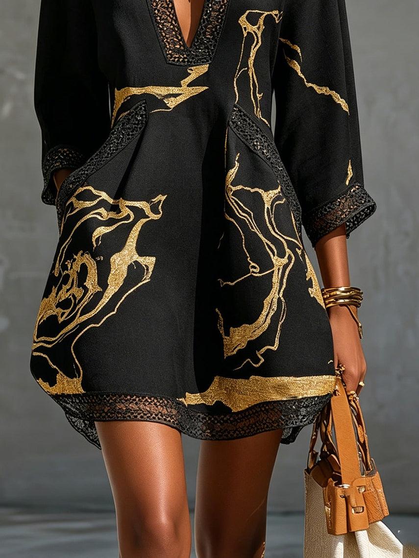 Léonie | Black Mini Dress with Crochet Lace and Golden Accents, V-Neck Design