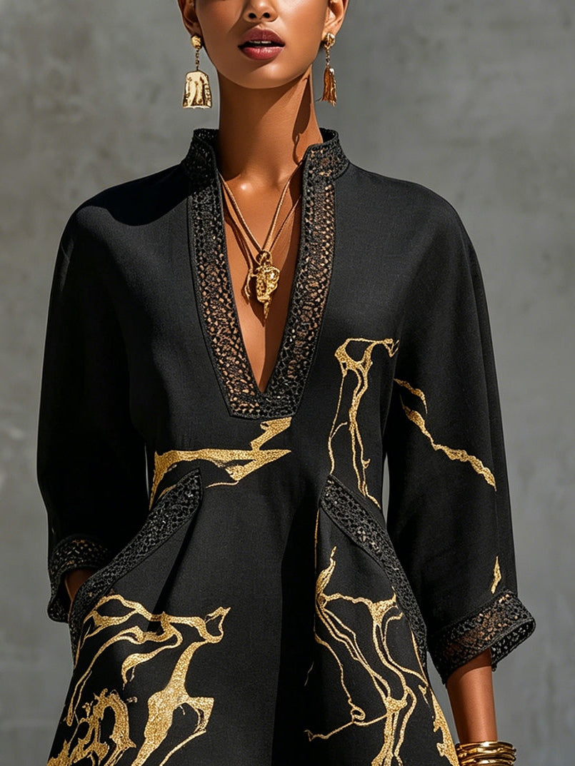 Léonie | Black Mini Dress with Crochet Lace and Golden Accents, V-Neck Design