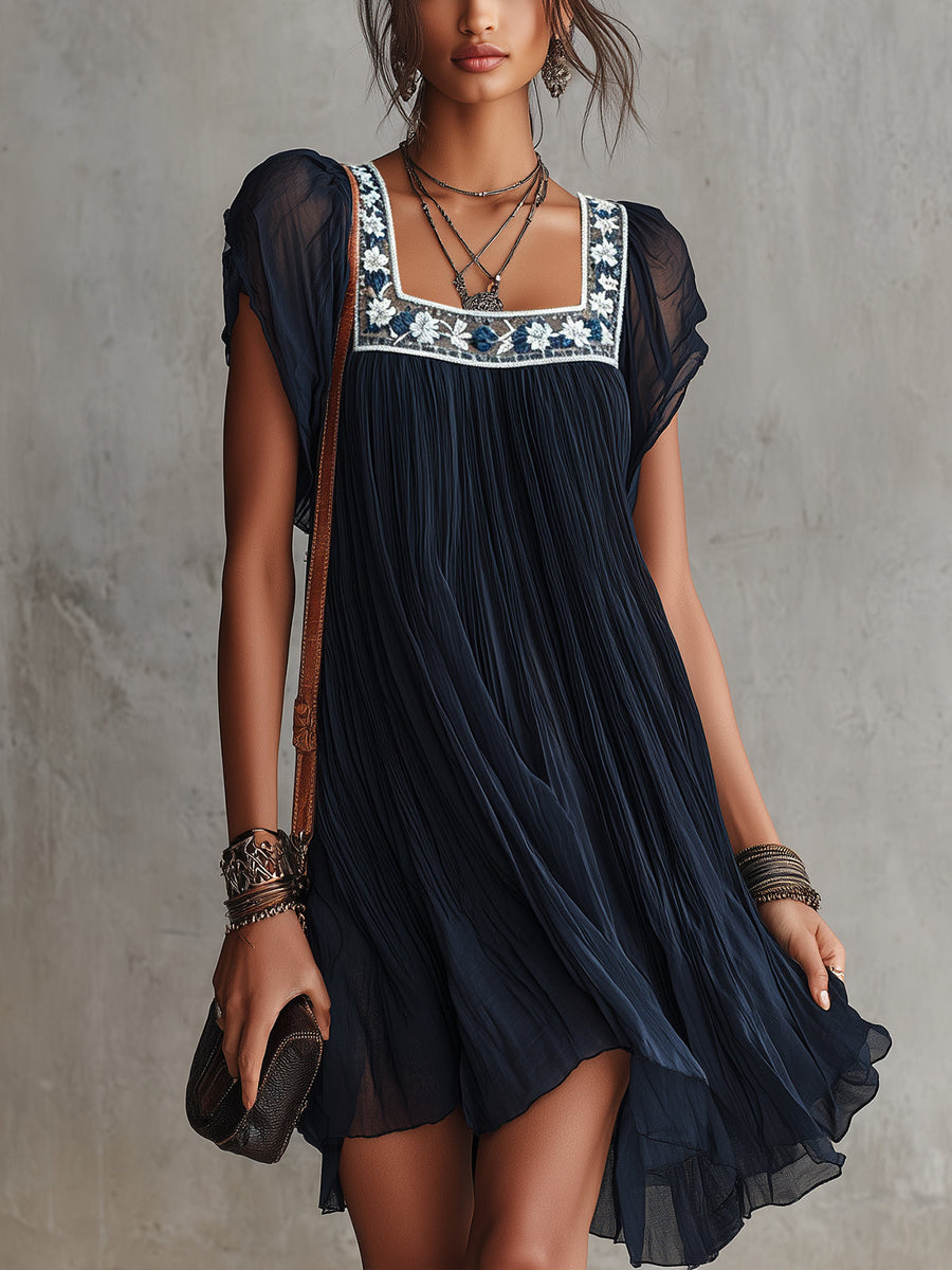 Apolline | Navy Blue Chiffon Mini Dress with Embroidery