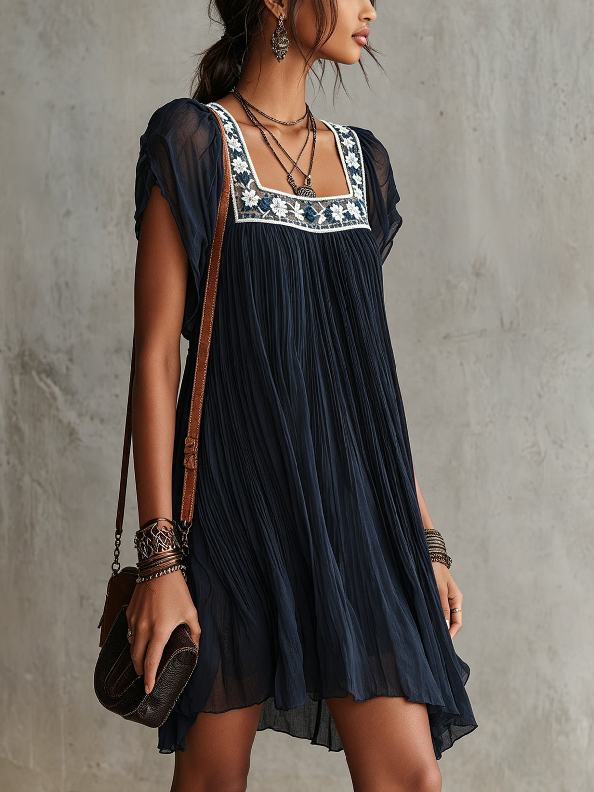 Apolline | Navy Blue Chiffon Mini Dress with Embroidery
