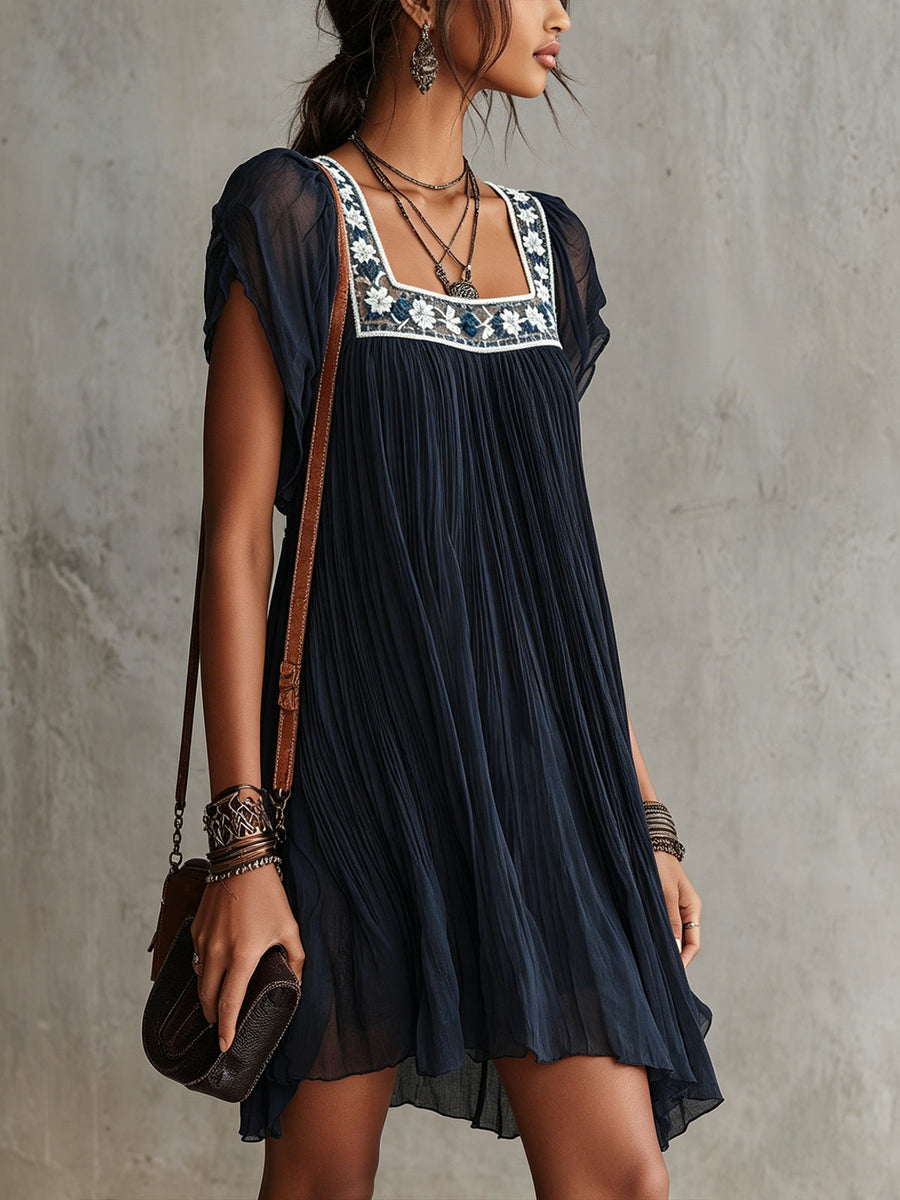 Apolline | Navy Blue Chiffon Mini Dress with Embroidery