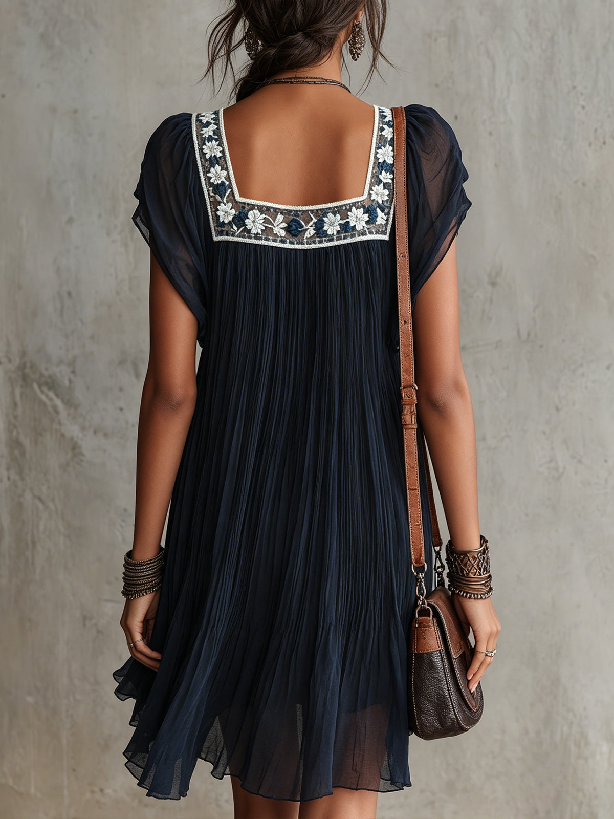 Apolline | Navy Blue Chiffon Mini Dress with Embroidery