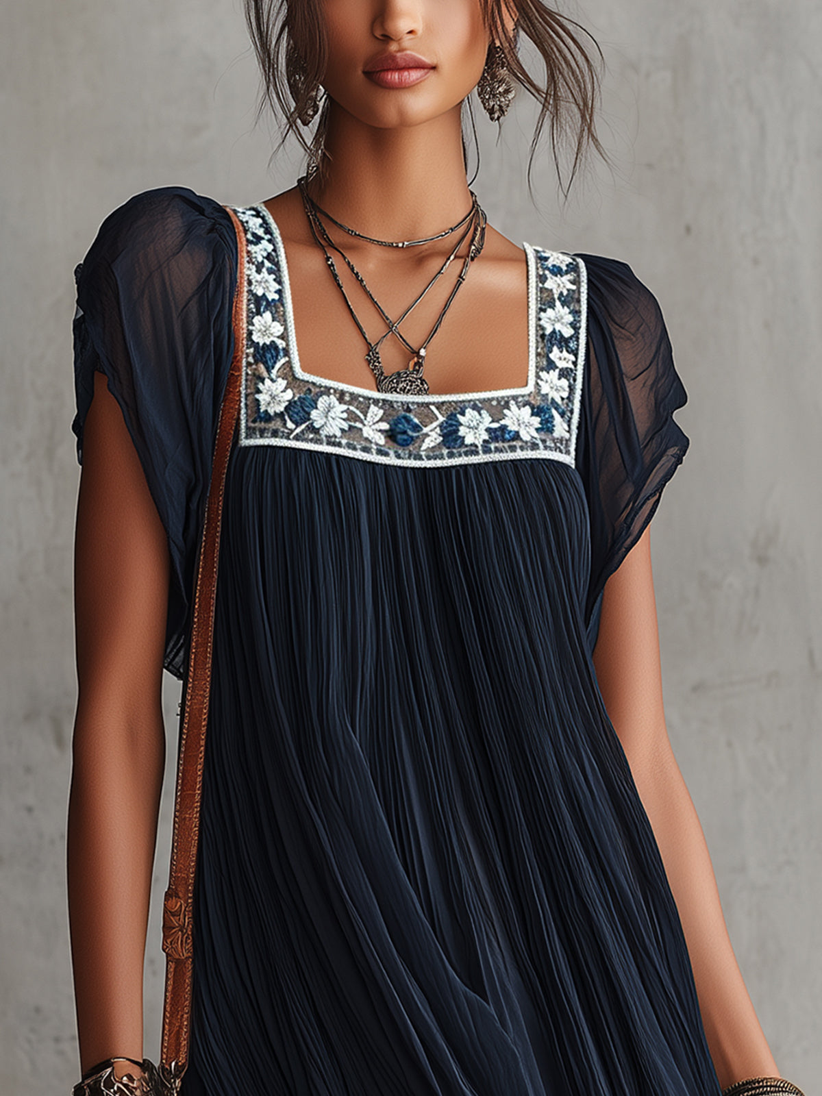 Apolline | Navy Blue Chiffon Mini Dress with Embroidery