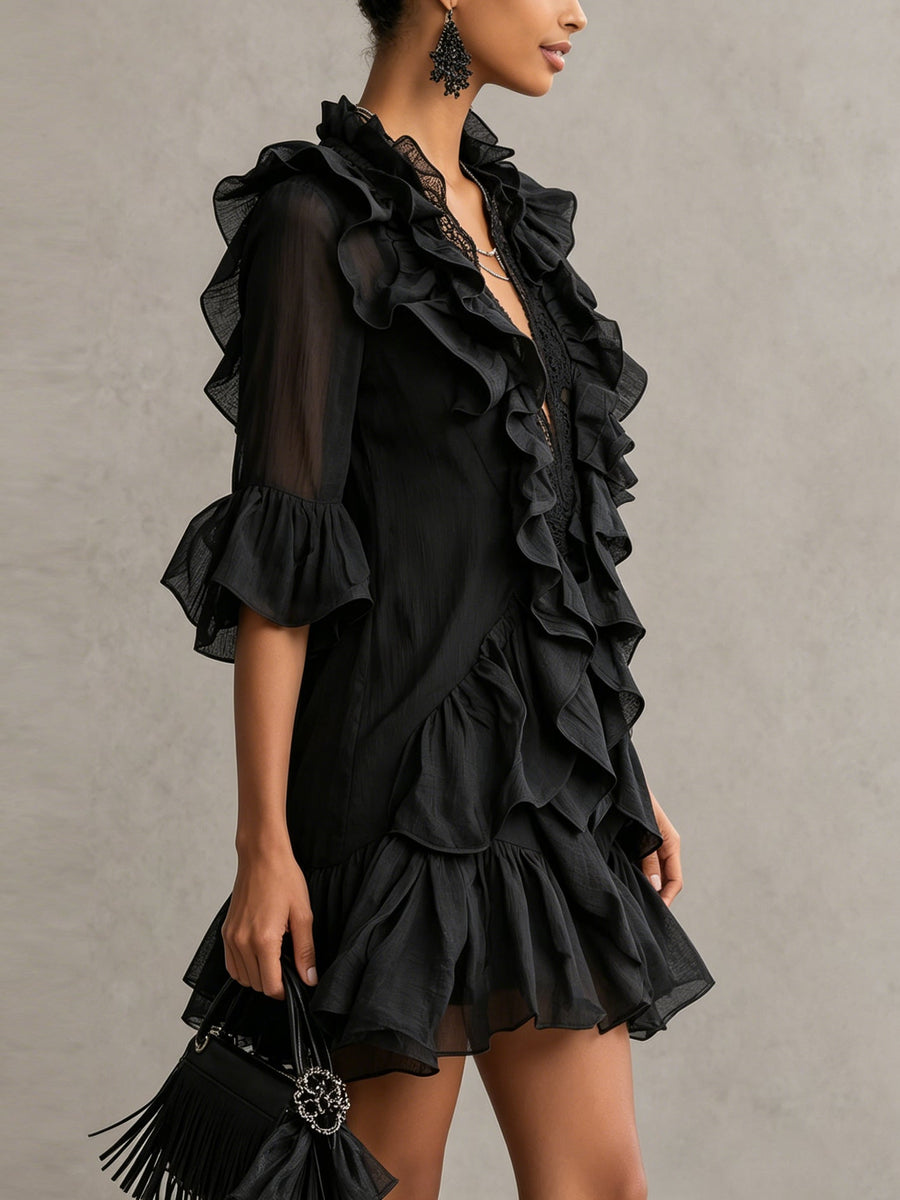 Anaïs | Black Ruffled Mini Dress in Muslin