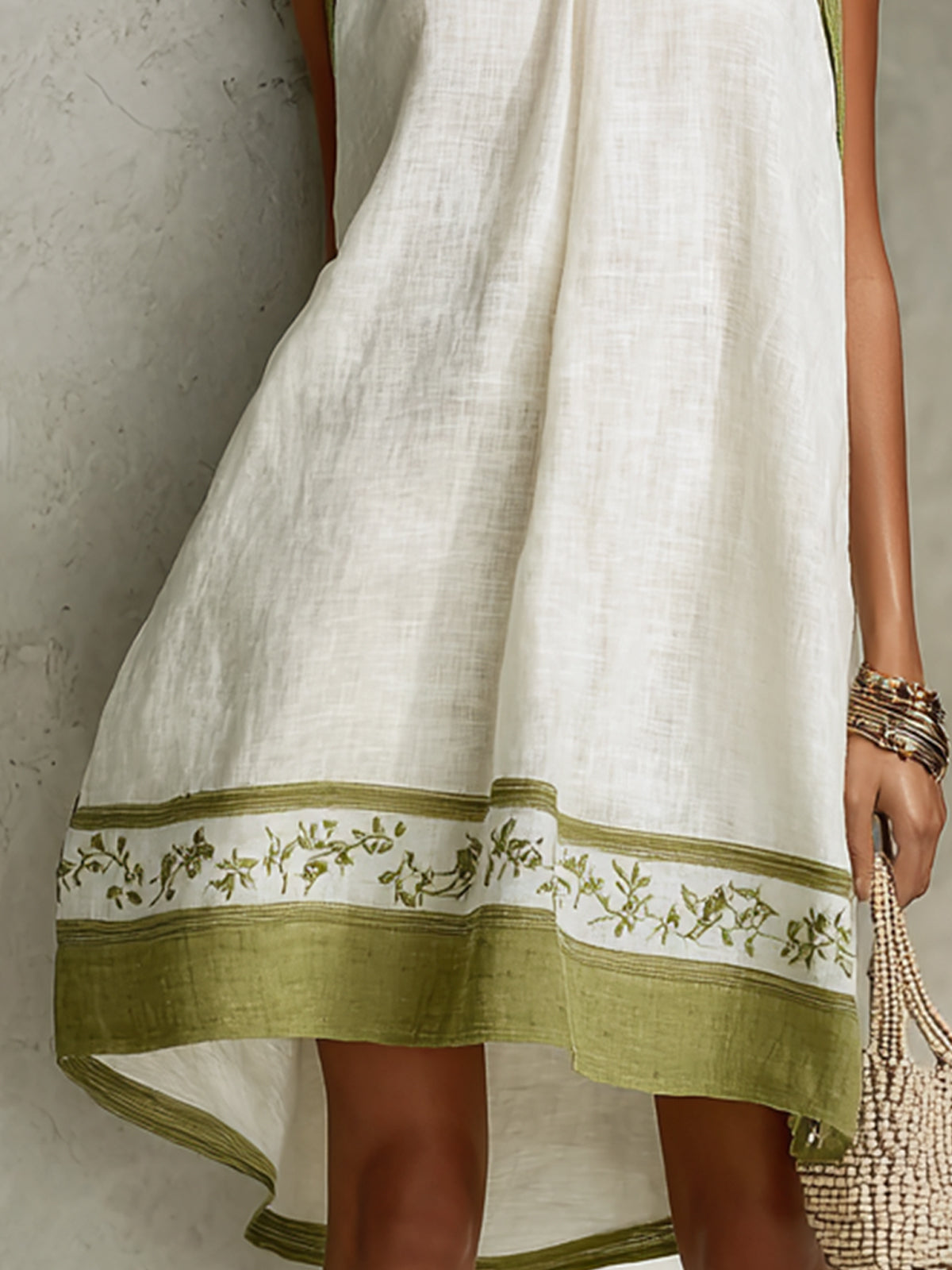 Agathe | Floral Mini A-Line Sleeveless Dress in White and Olive Green