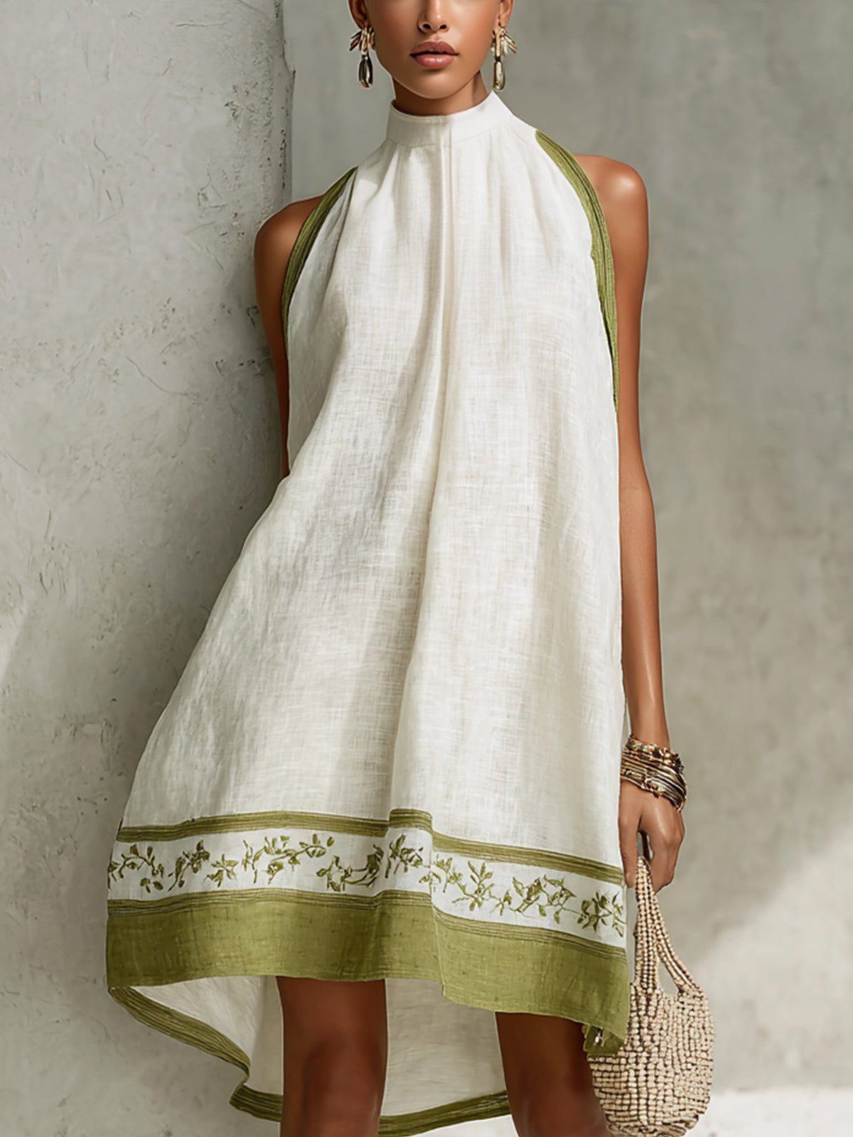 Agathe | Floral Mini A-Line Sleeveless Dress in White and Olive Green
