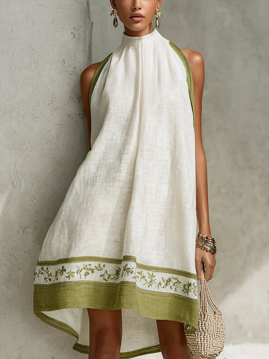Agathe | Floral Mini A-Line Sleeveless Dress in White and Olive Green