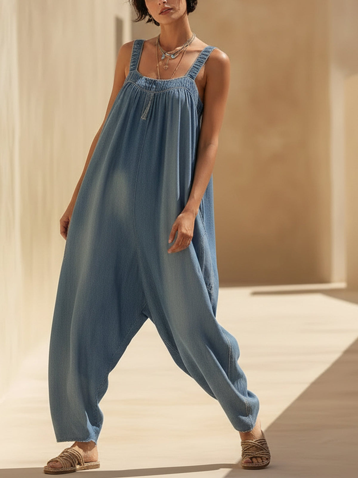 Relaxed Fit Lightweight Denim Jumpsuit - Sleeveless Wide-Leg Romper with Frayed Hem Detail