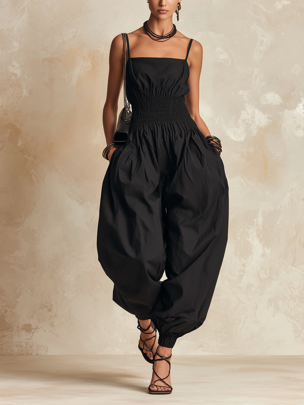 Black Balloon Jumpsuit with Smocked Waist | Relaxed Wide-Leg Parachute Style