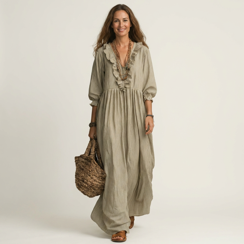 Yosetta | Ruffle V-Neck Maxi Dress