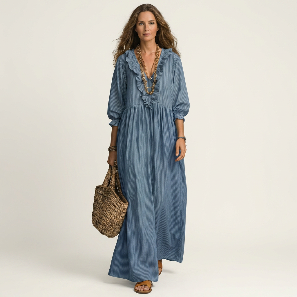 Yosetta | Ruffle V-Neck Maxi Dress