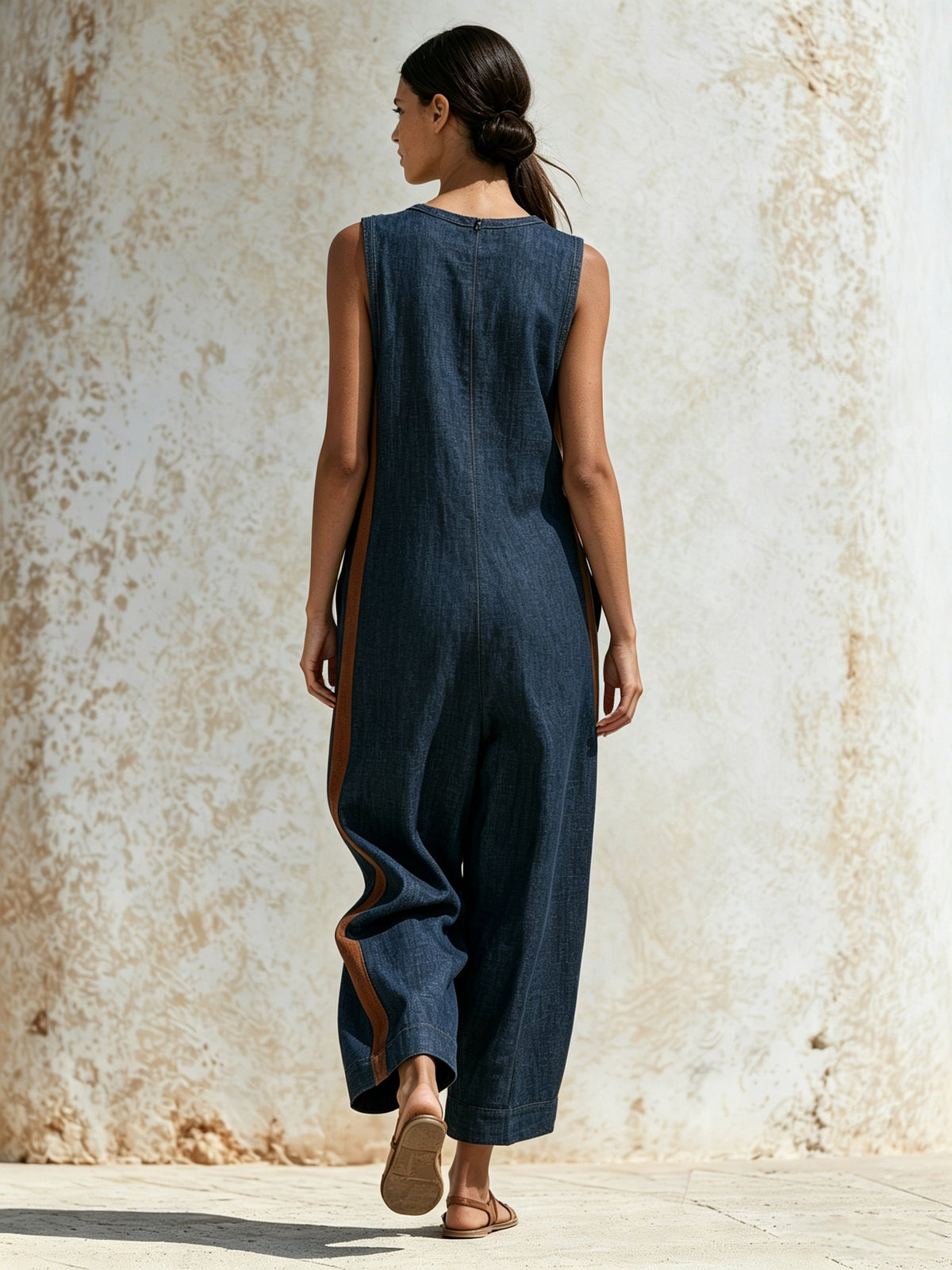 Women's Wide Leg Utility Denim Jumpsuit – Sleeveless Romper with Contrast Pocket Accents